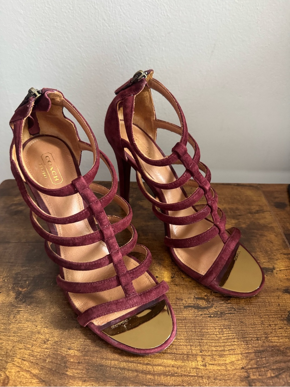 Coach Burgundy Suede Strappy High Heel Sandals with Gold Toe 9 1/2